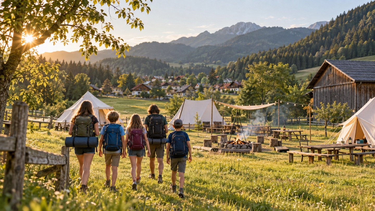 Jugendliche auf dem Weg zu einem sommerlichen Zeltlager in einer österreichischen Dorflandschaft als Vorschau für dorfkinder.at.