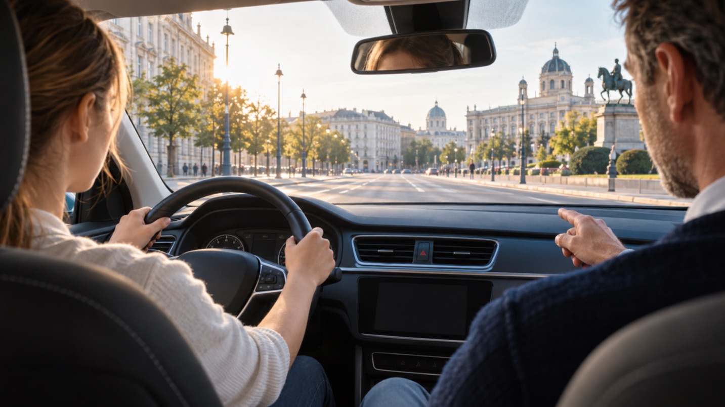 Fahrschülerin und Fahrlehrer bei einer Fahrstunde in Wien als Vorschau für fahrschulen.at.