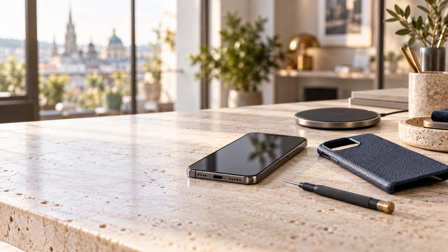 Neutrale Smartphone- und Zubehörszene als Vorschau für das Domainpaket handyliebe.at und handyliebe.com.