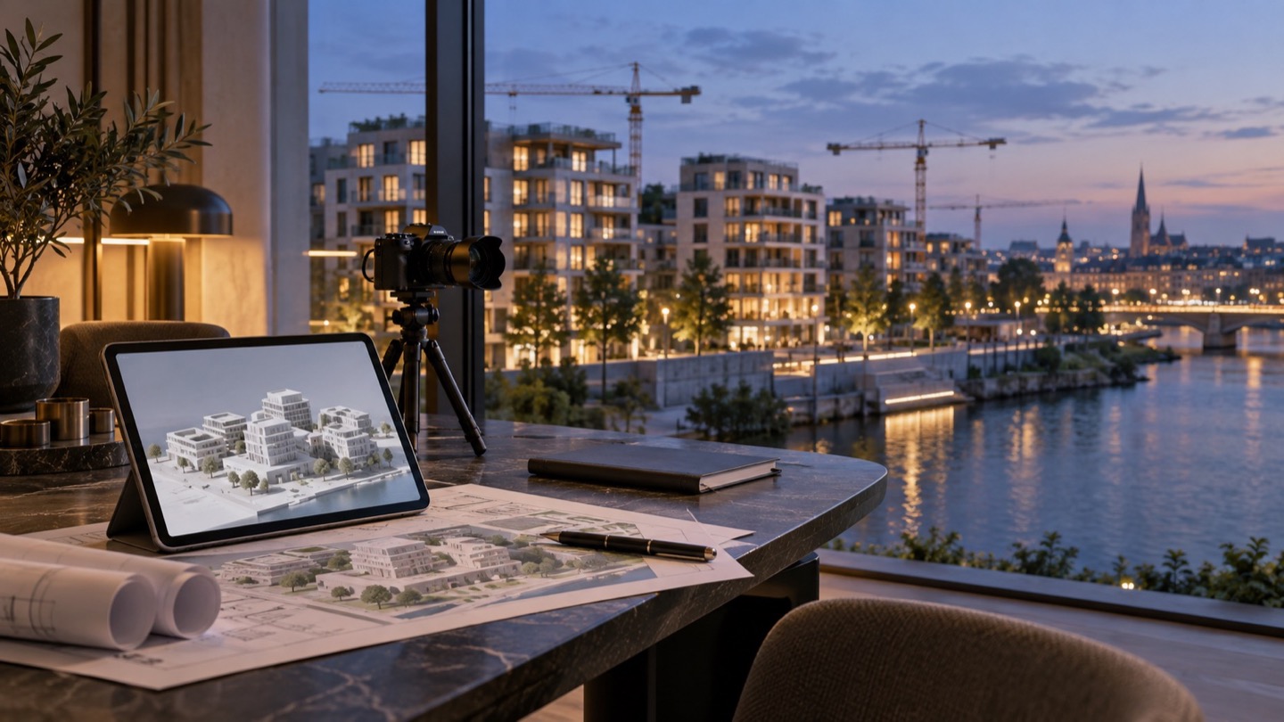 Projektpräsentation mit Tablet, Kamera und Blick auf ein modernes Wohnprojekt als Vorschau für immocam.at.