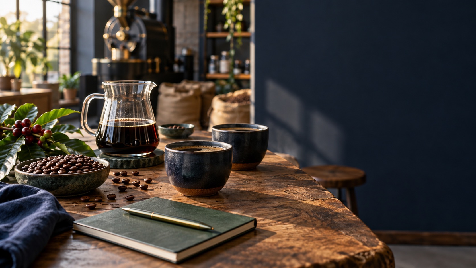 Hochwertige Kaffee-Szene mit Tassen, Kaffeebohnen und einer Karaffe als Vorschau für das Domainpaket kaffeefreunde.at und kaffeefreund.at.