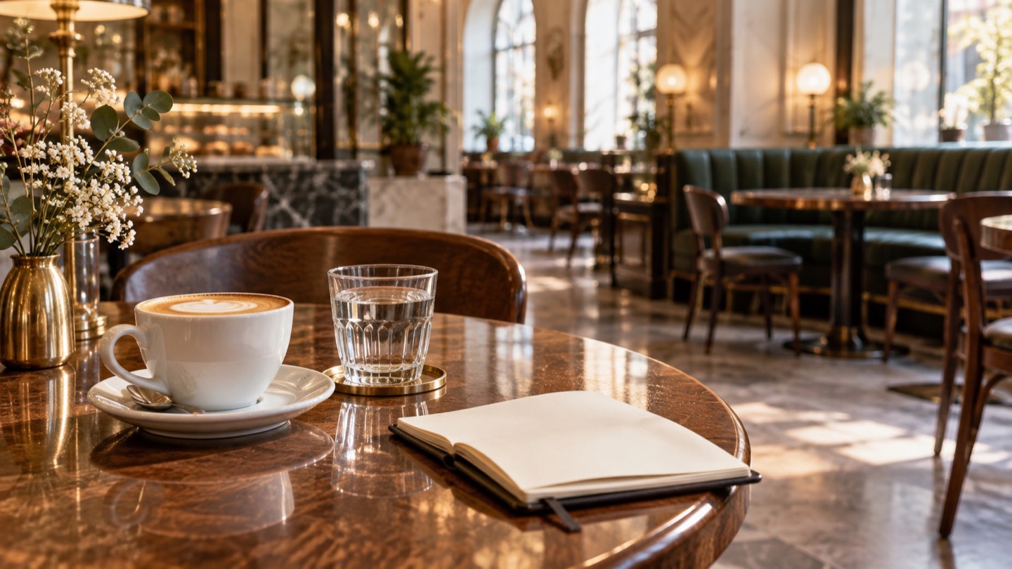 Elegante Kaffeehaus-Szene mit Kaffeetasse, Wasserglas und Notizbuch als Vorschau für das Domainpaket kaffeestube.com und kaffeestube.at.