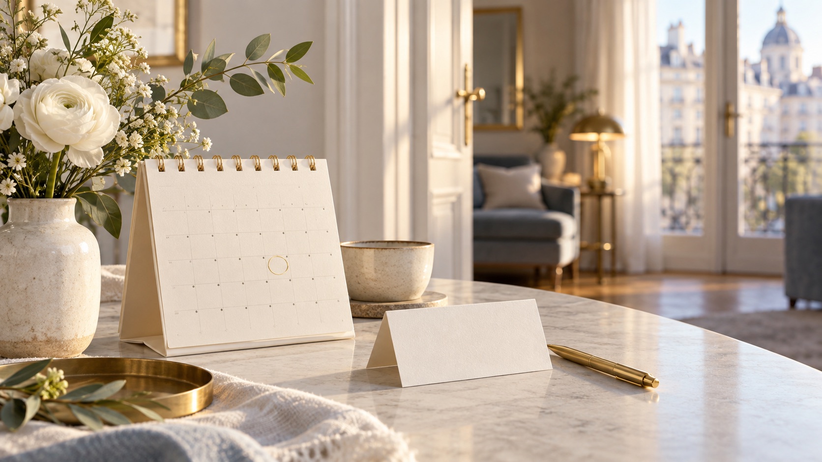 Eleganter Papierkalender mit goldener Markierung, Blume und blanker Grußkarte als Vorschau für namenstag.com.