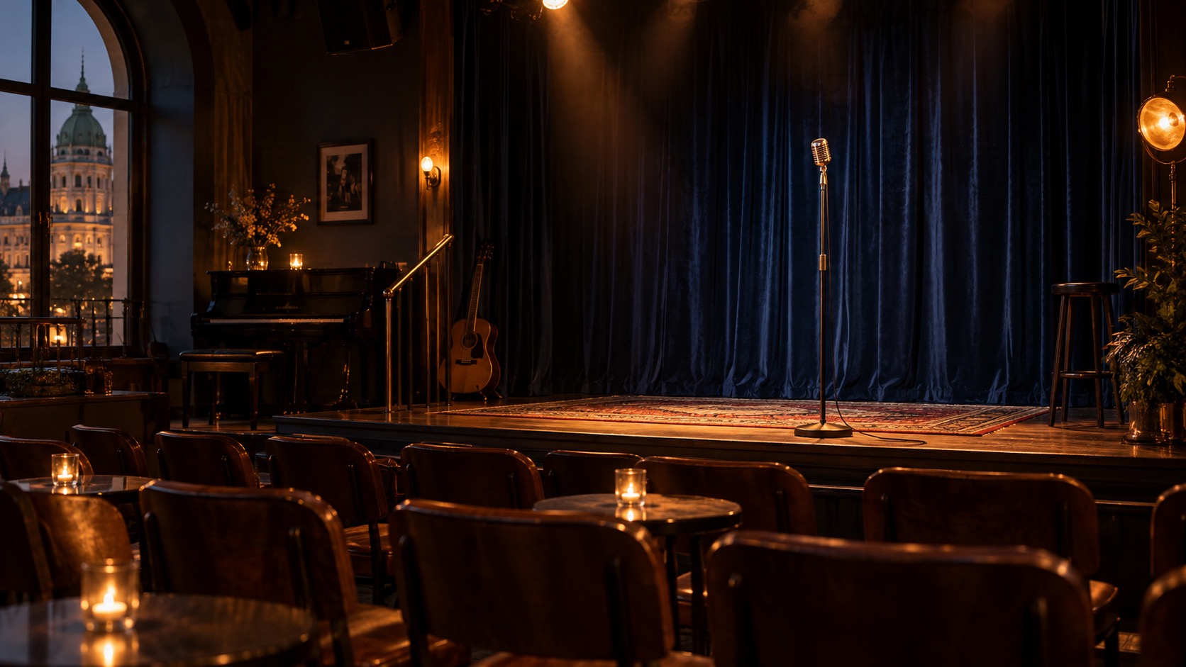 Warm beleuchtete Kleinkunstbühne mit Mikrofon, Klavier und Sitzplätzen als Vorschau für openmic.at.