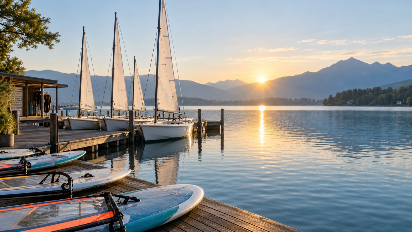 Segelboote und Windsurf-Ausrüstung an einem österreichischen See als Vorschau für das Wassersport-Domainpaket.
