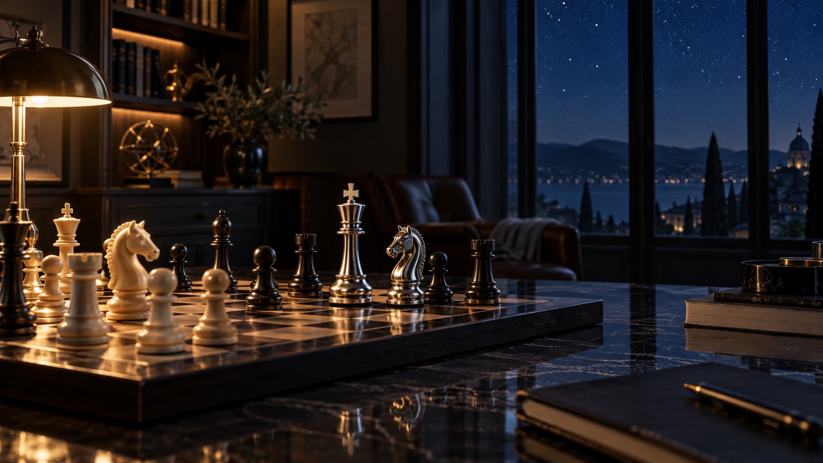 Edles Schachbrett mit hellen und dunklen Figuren in einem nächtlichen Arbeitszimmer vor Sternenhimmel als Vorschau für starchess.com.