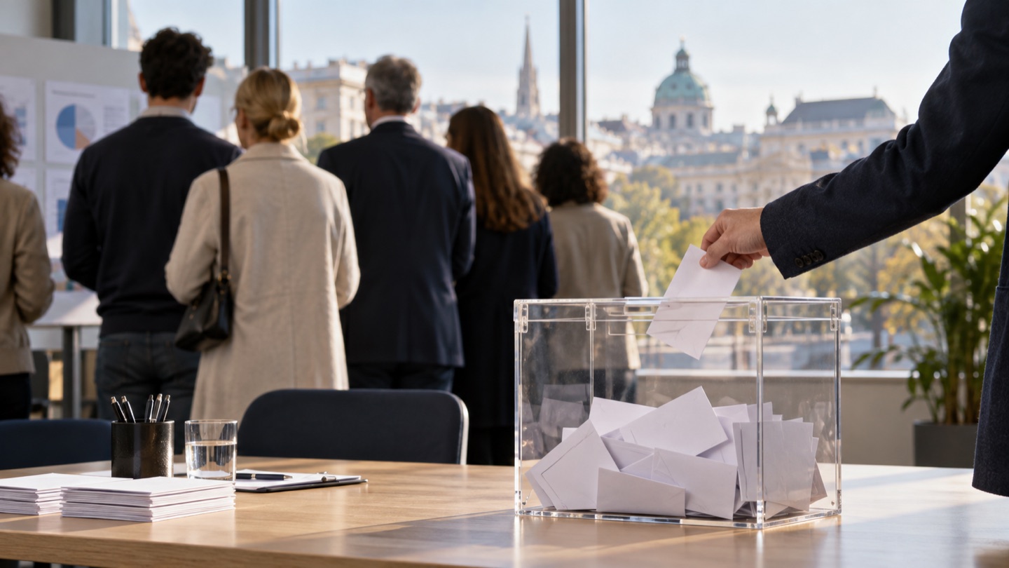 Neutrale Wahlszene mit transparentem Stimmzettelkasten als Vorschau für das Domainpaket wahlumfrage.at und wahlumfragen.at.