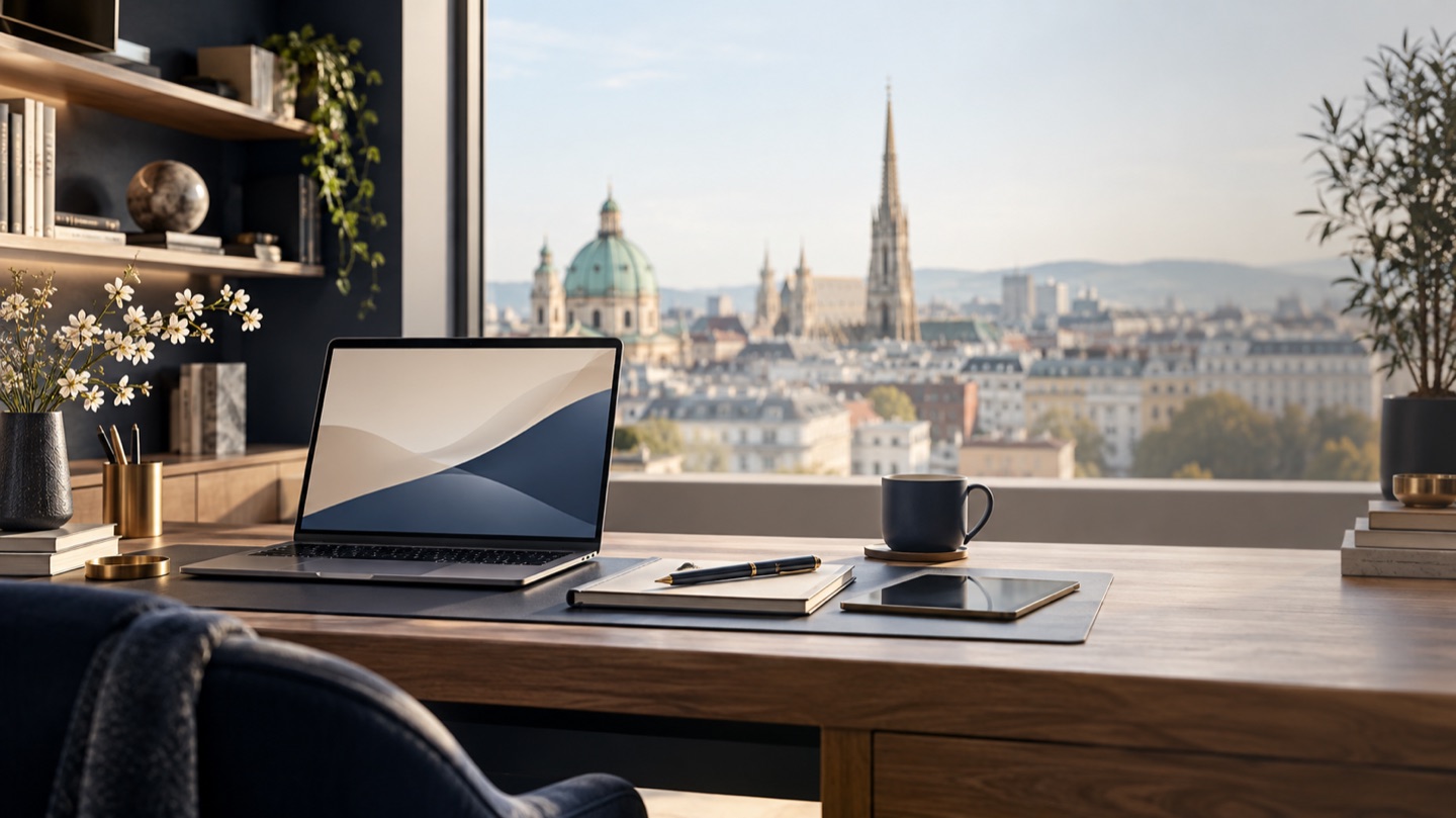 Moderner digitaler Lernarbeitsplatz mit Laptop und Blick auf Wien als Vorschau für webucation.at.